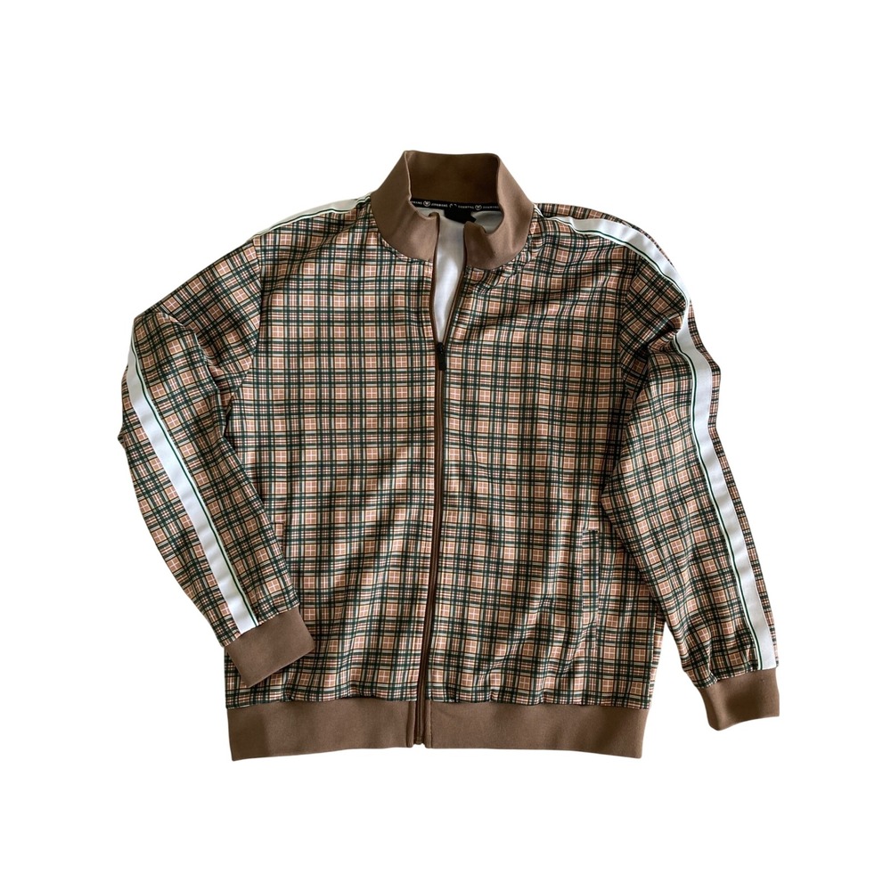 Jian Wang Plaid Track Jacket Brown Green Zip Up Side Stripe XXL Streetwear